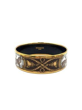 Hermes Enamel GM Horse Motif Gold Black Bangle Bracelet